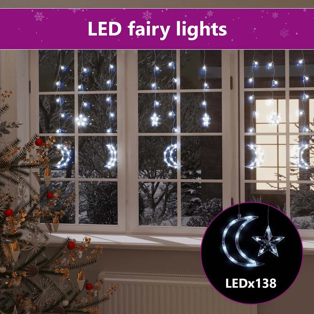 Girlianda žvaigždės ir mėnuliai, 138 šaltos baltos LED lemputės
