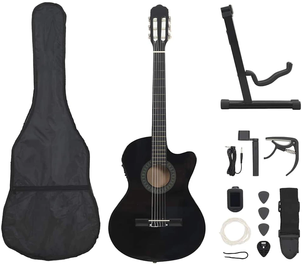 Gitaros rinkinys su ekvalaizeriu, 12 dalių, juodas, 6 stygos