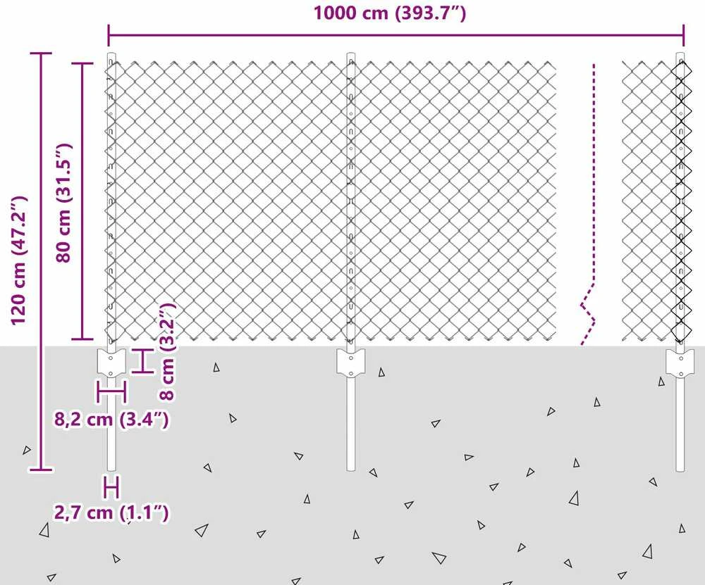 Grandininės tvoros su stulpeliu 10 x 0,8 m Sidabrinė Tinklelis