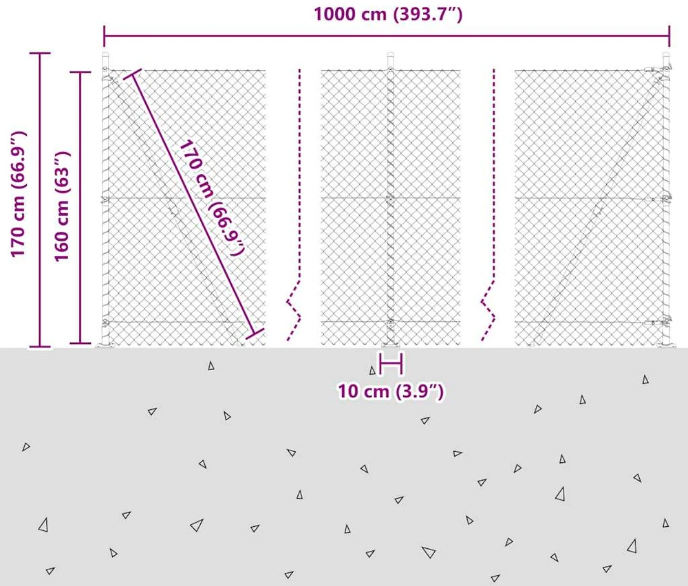 Grandininė tvora su betono baze 10 x 1,6 m Sidabrinė Tinklelis