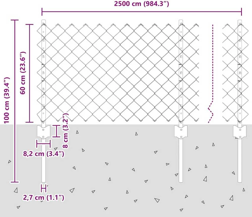 Grandininės tvoros su stulpeliu 25 x 0,6 m Sidabrinė Tinklelis