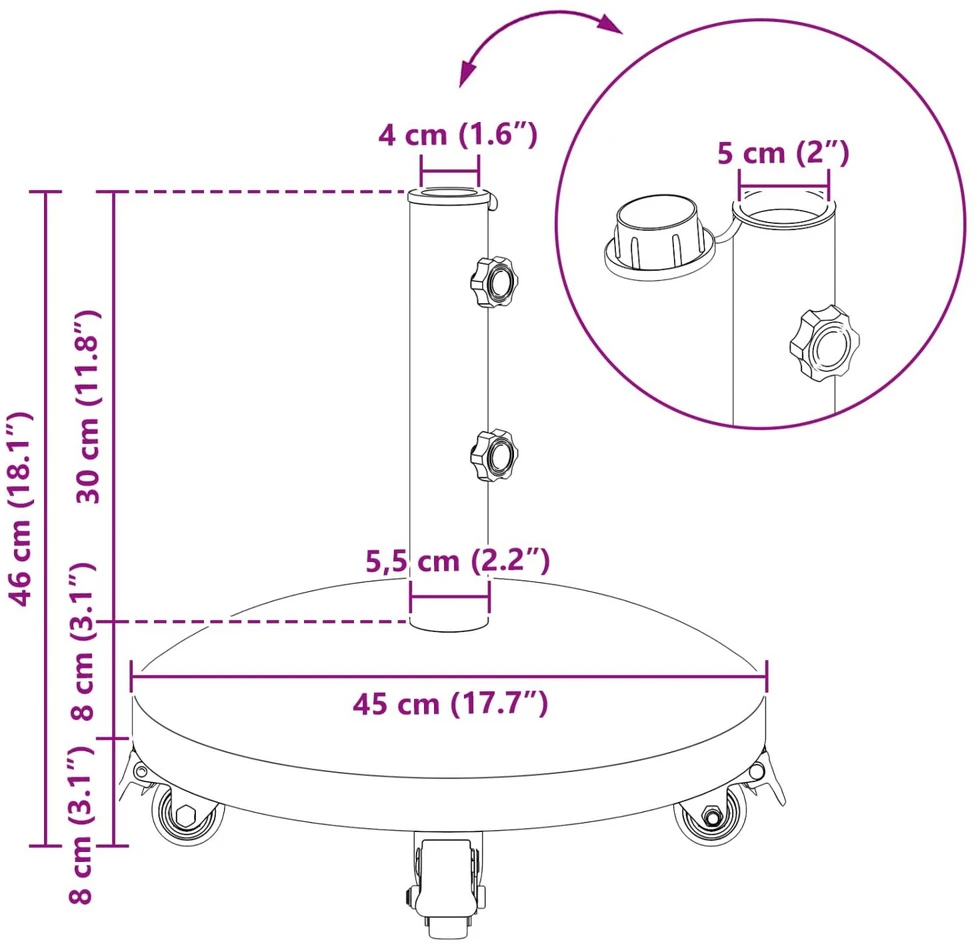 Granito skėčio stovas su ratais 4-5 cm stulpui 27.2kg Pilka