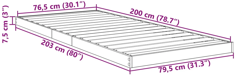Lova Grindų lovos rėmas Betono pilka 80 x 200 cm Apdirbta mediena