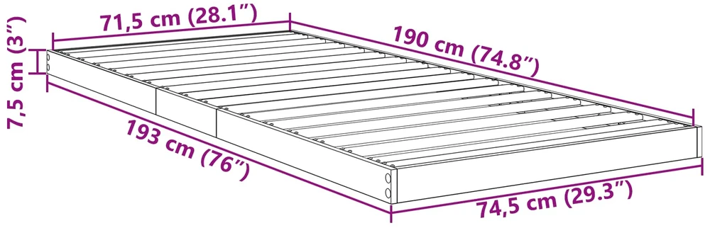 Lova Grindų lovos rėmas Sonoma 75 x 190 cm Apdirbta mediena
