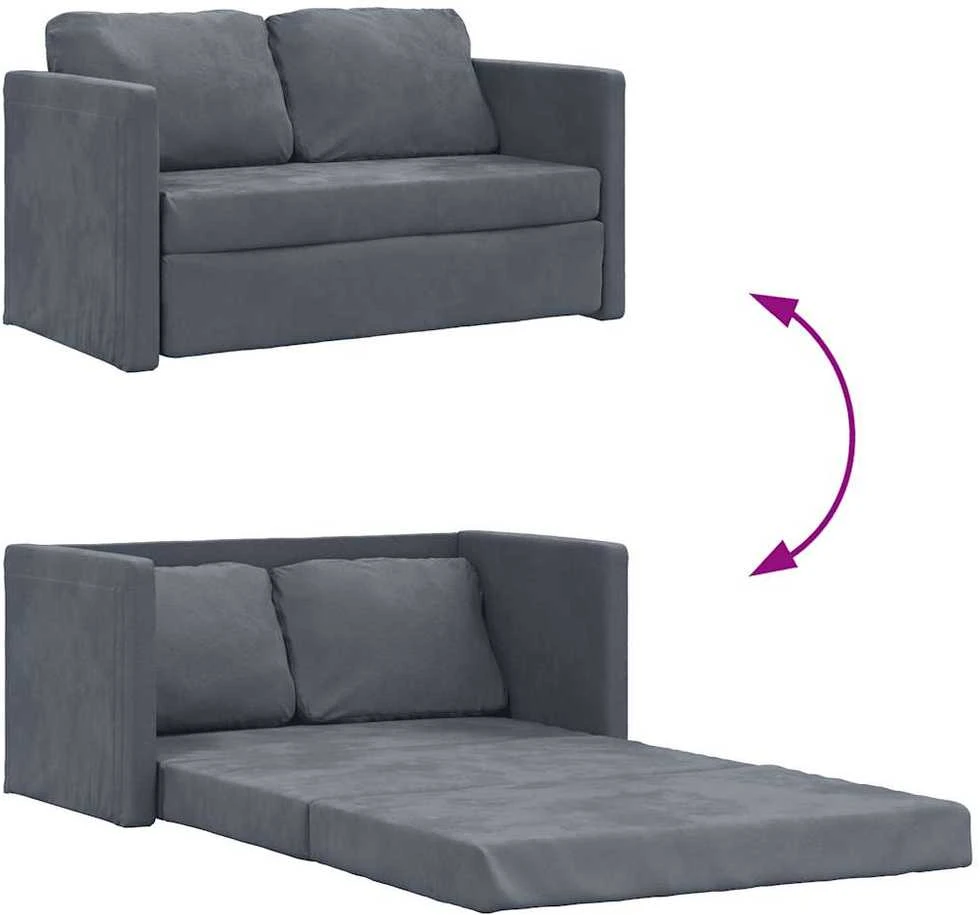 Grindų sofa-lova, 2-1, tamsiai pilka, 122x204x55cm, aksomas