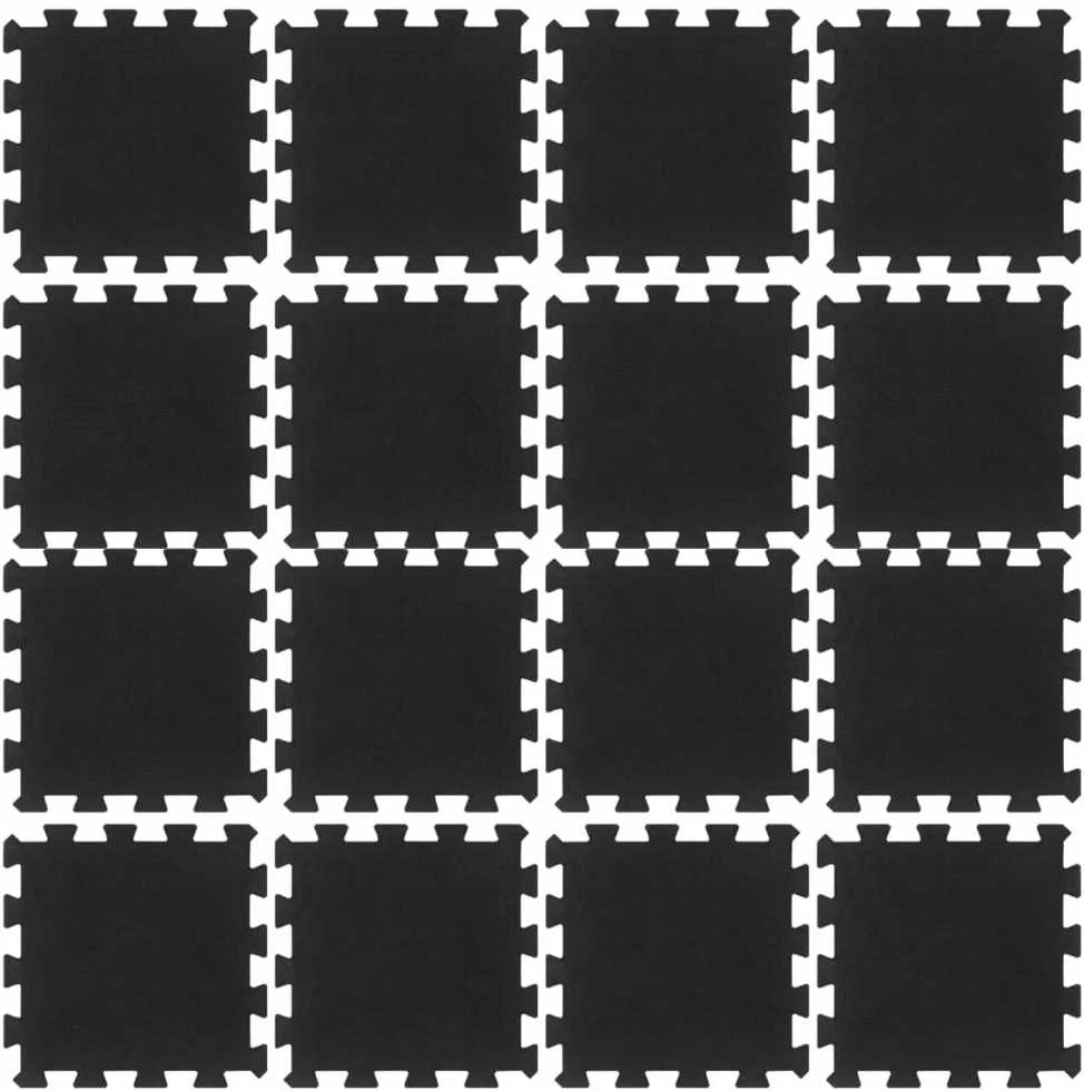 Guminės grindų plytelės, 16vnt., juodos, 30x30cm, 16mm
