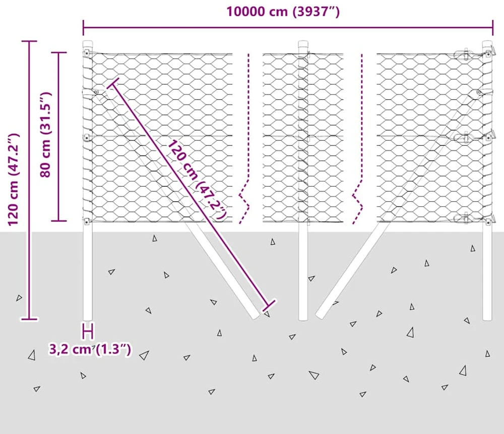 Heksagonalinė tvoros tvirtinimo sistema 100 x 0,8 m Sidabrinė
