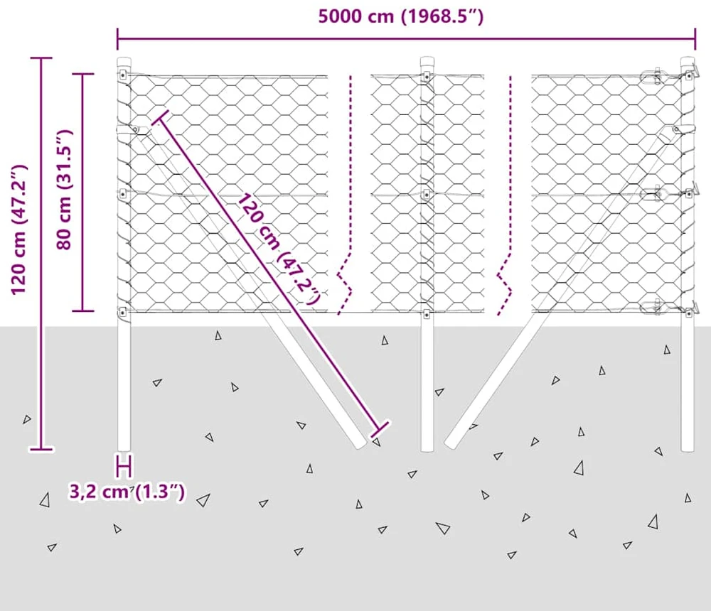 Heksagonalinė tvoros tvirtinimo sistema 50 x 0,8 m Sidabrinė