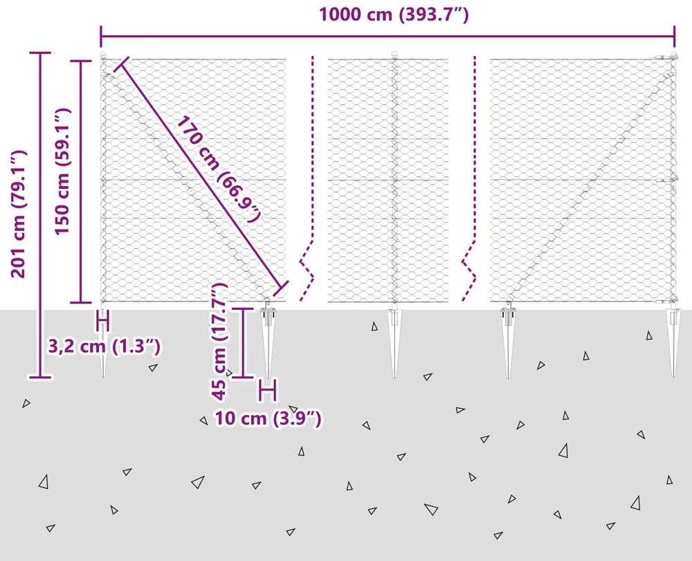 Hexagonal Fence with Post 10 x 1,5 m PVC dengtas plienas Pilka