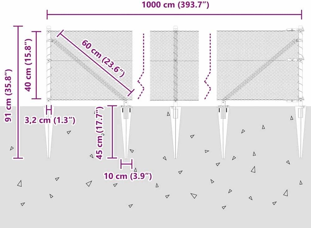 Hexagonal Fence with Post 10 x 0,4 m PVC dengtas plienas Pilka