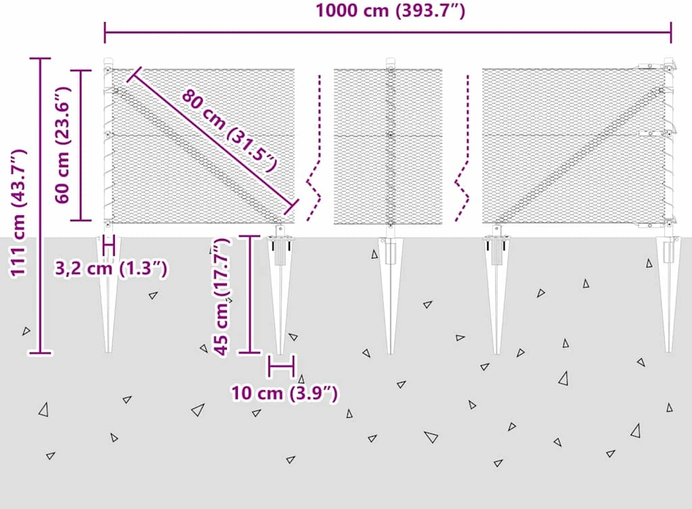 Hexagonal Fence with Post 10 x 0,6 m PVC dengtas plienas Pilka