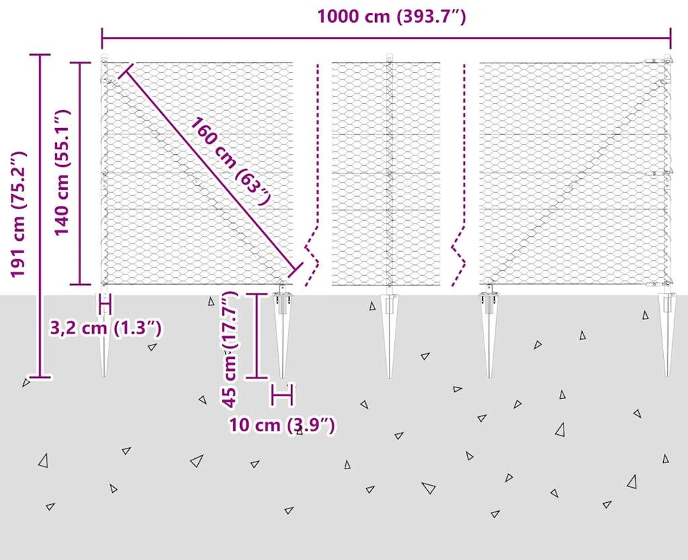 Hexagonal Fence with Post 10 x 1,4 m PVC dengtas plienas Pilka