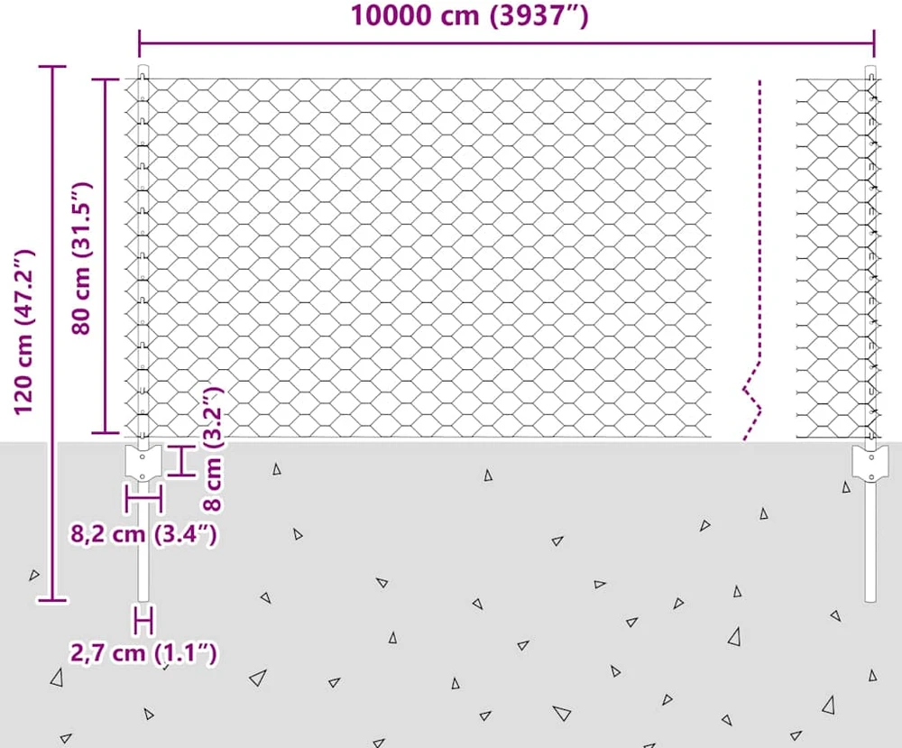 Hexagonal Fence with Post 100 x 0,8 m PVC dengtas plienas Pilka