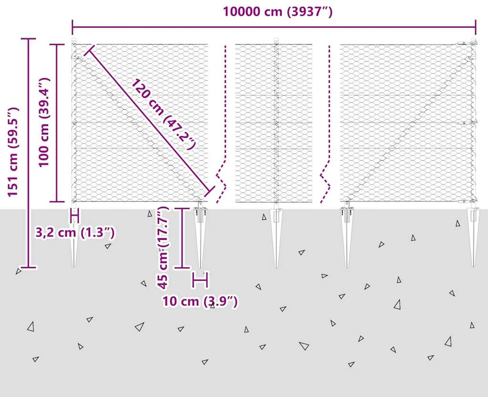 Hexagonal Fence with Post 100 x 1 m PVC dengtas plienas Pilka