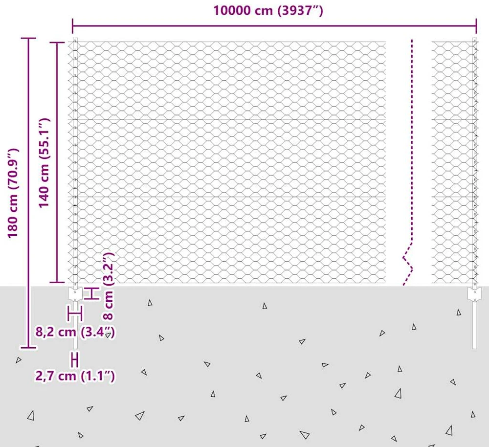 Hexagonal Fence with Post 100 x 1,4 m PVC dengtas plienas Pilka