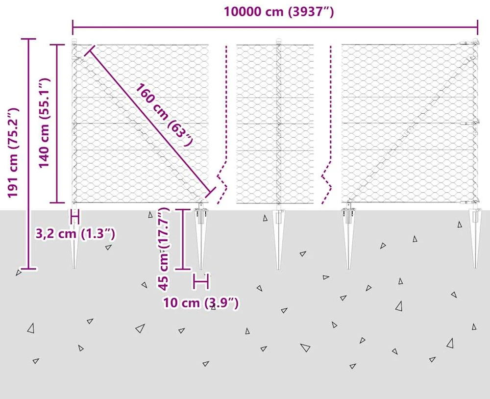 Hexagonal Fence with Post 100 x 1,4 m PVC dengtas plienas Pilka