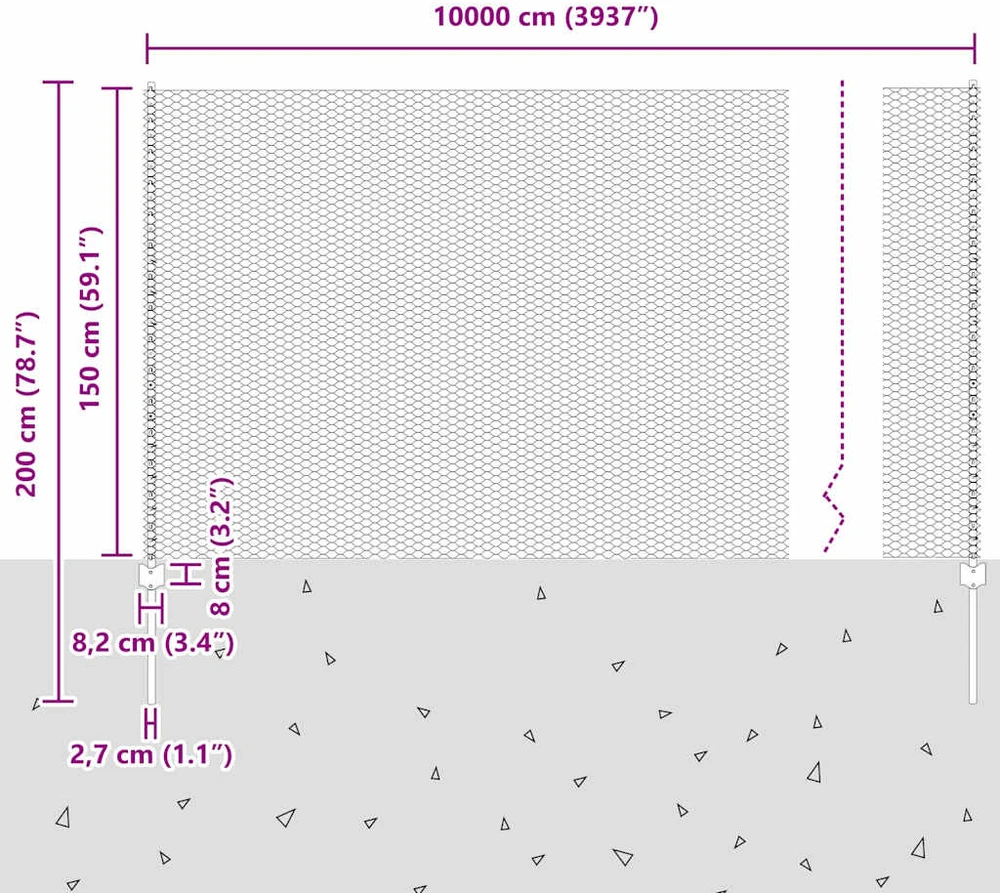 Hexagonal Fence with Post 100 x 1,5 m PVC dengtas plienas Pilka