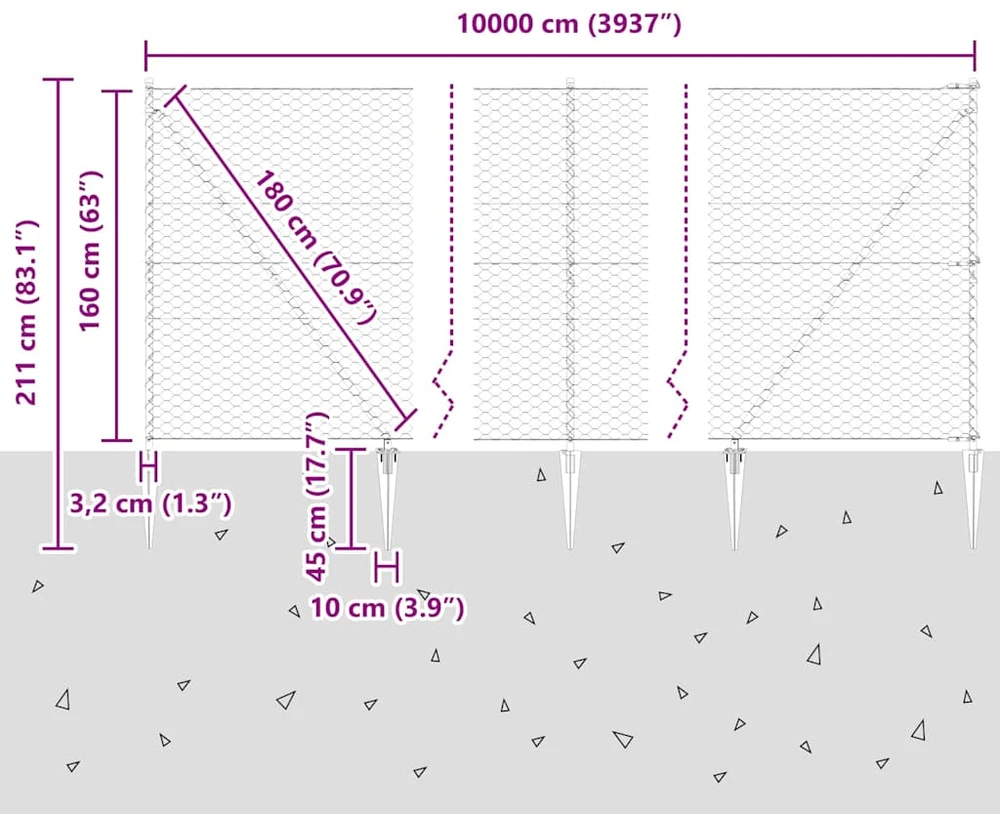 Hexagonal Fence with Post 100 x 1,6 m PVC dengtas plienas Pilka
