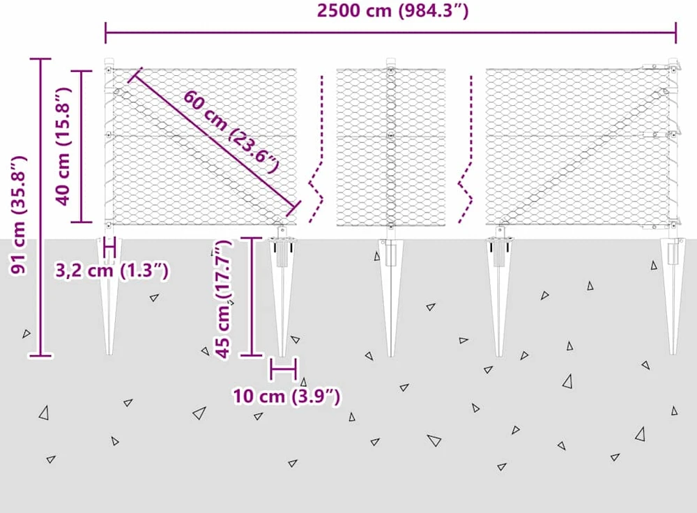 Hexagonal Fence with Post 25 x 0,4 m PVC dengtas plienas Pilka