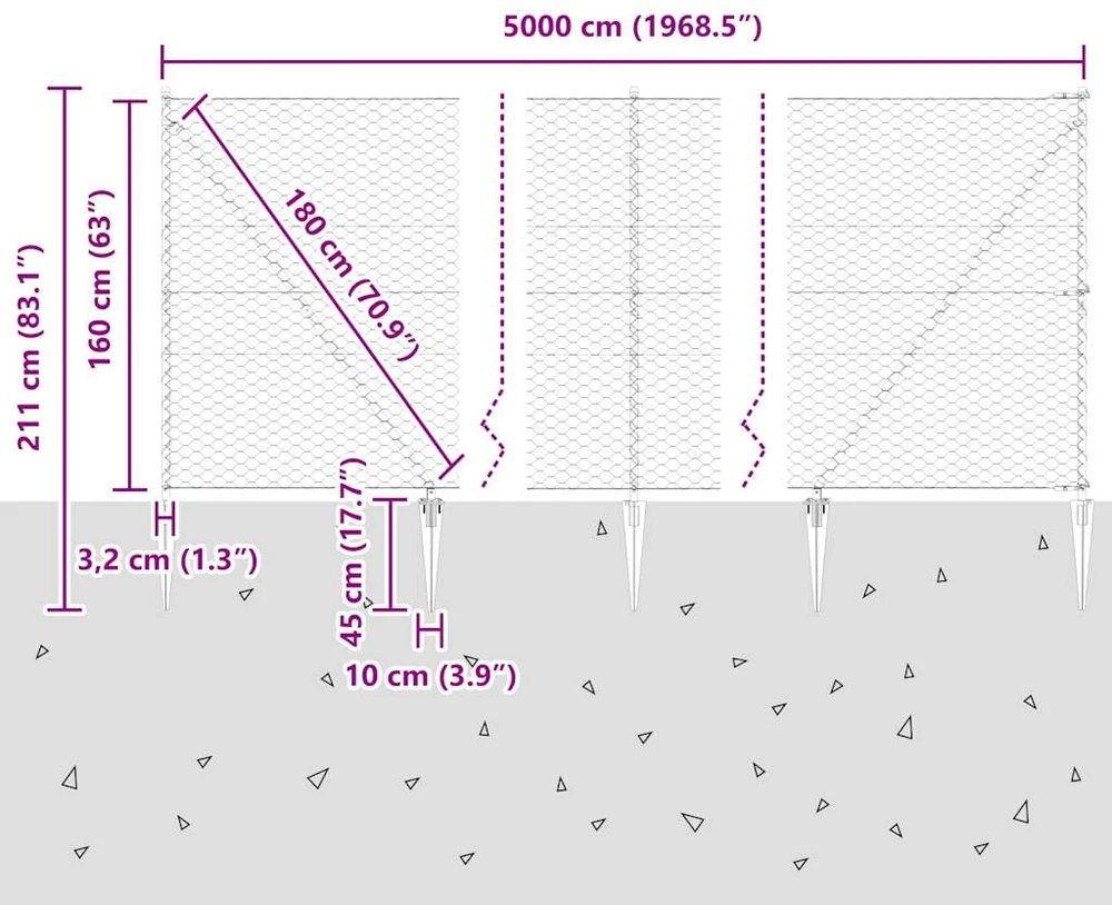 Hexagonal Fence with Post 50 x 1,6 m PVC dengtas plienas Pilka
