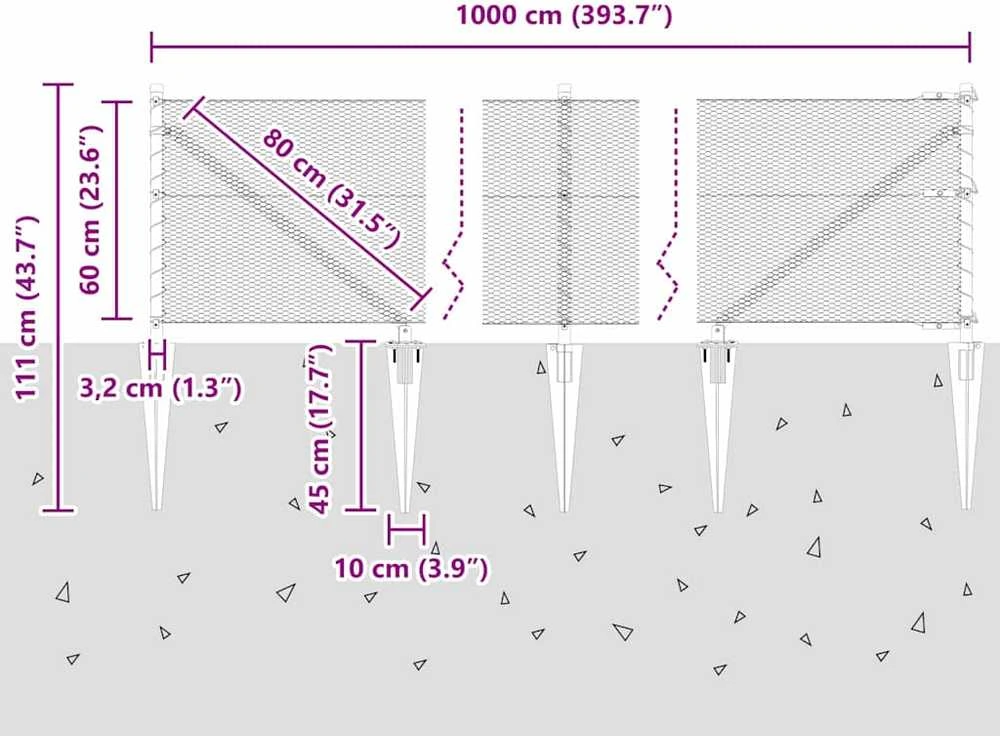 Hexagonal Fence with Post 10 x 0,6 m PVC dengtas plienas Pilka