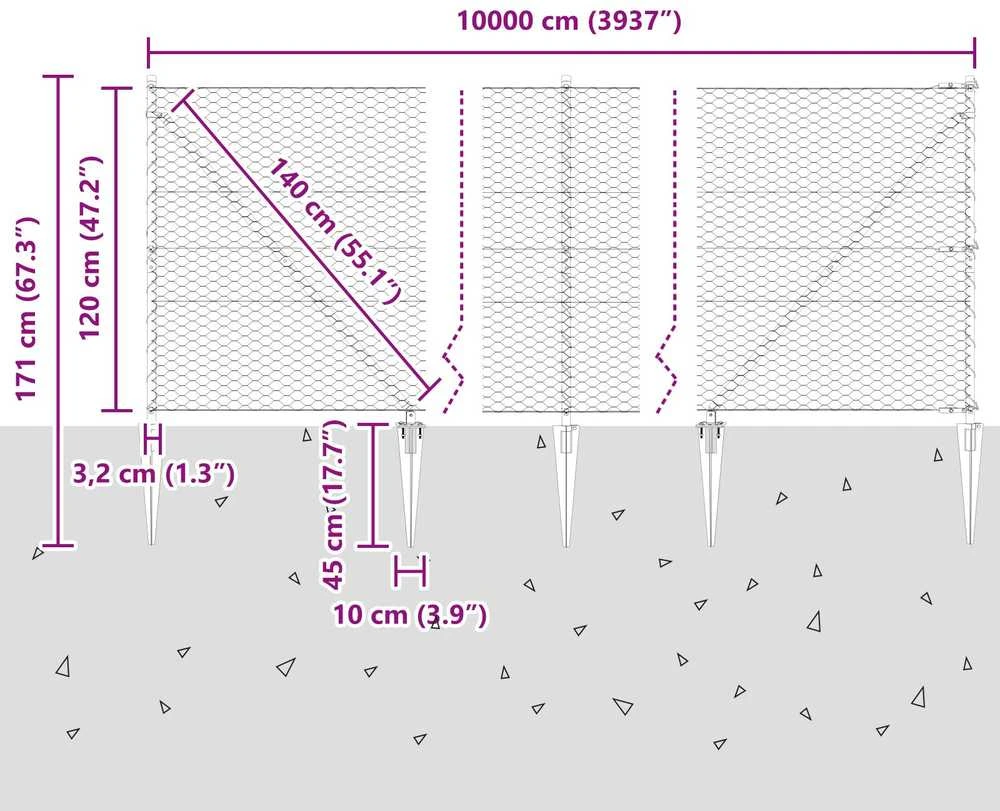 Hexagonal Fence with Post 100 x 1,2 m PVC dengtas plienas Pilka