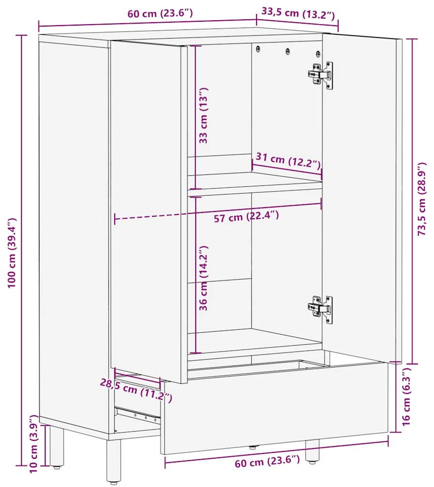Highboard 60x33,5x100 cm Masyvus Rough Wood Mango