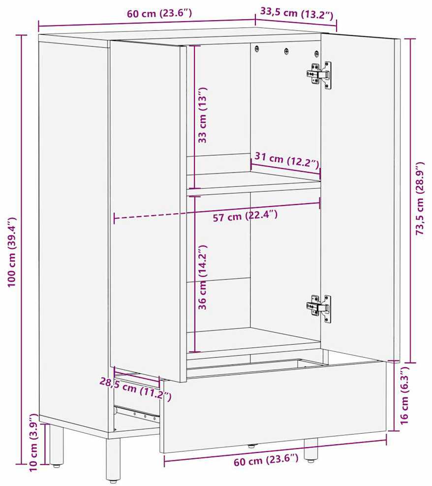 Highboard 60x33,5x100 cm Masyvus Rough Wood Mango