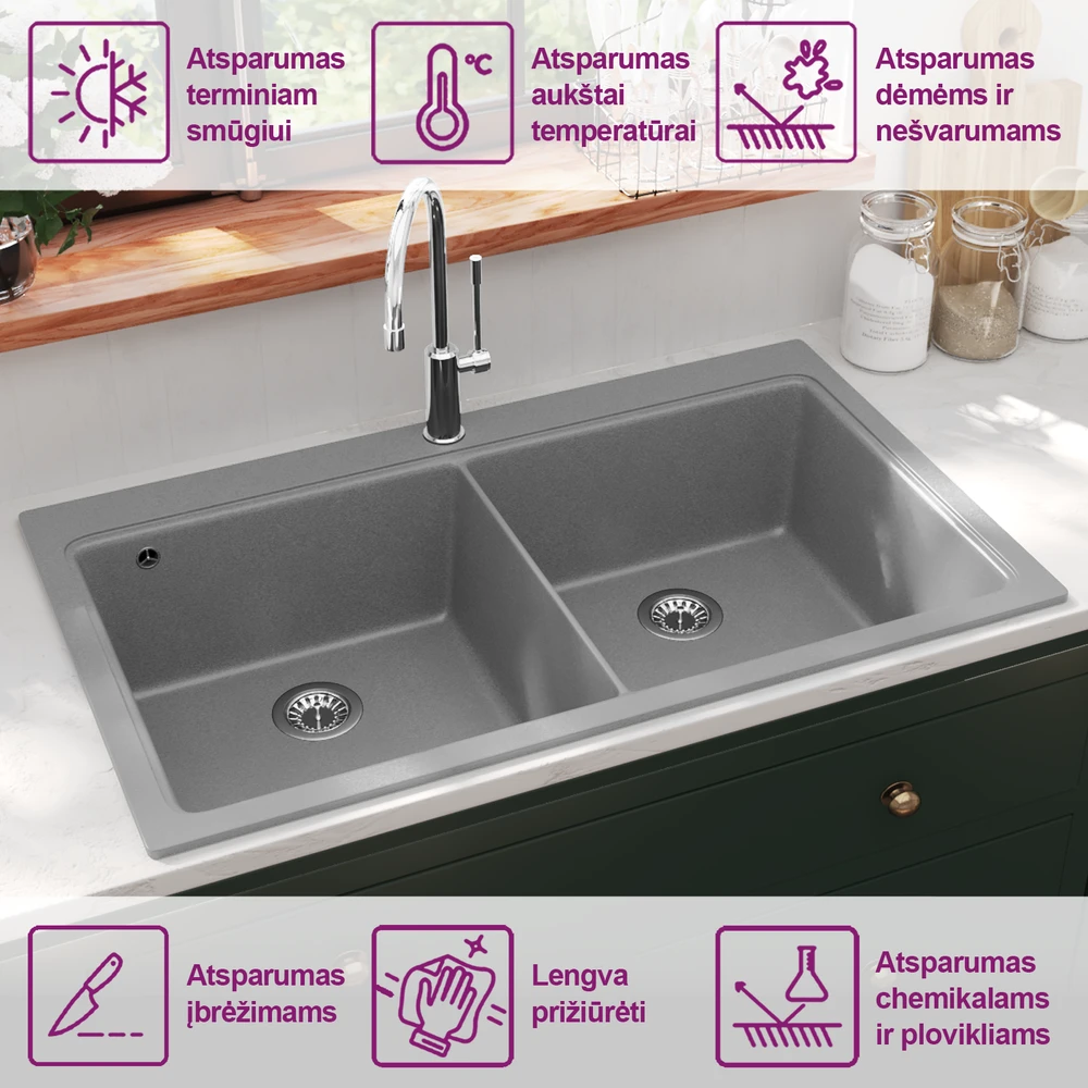 Įleidžiama Dviguba Virtuvės Plautuvė iš Granito, Pilka