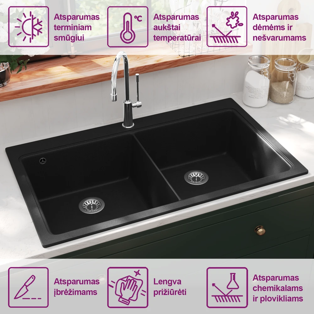 Įleidžiama Dviguba Virtuvės Plautuvė iš Granito, Juoda