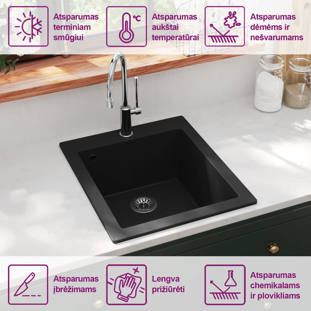 Įleidžiama virtuvės plautuvė, vieno dubens, granitas, juoda