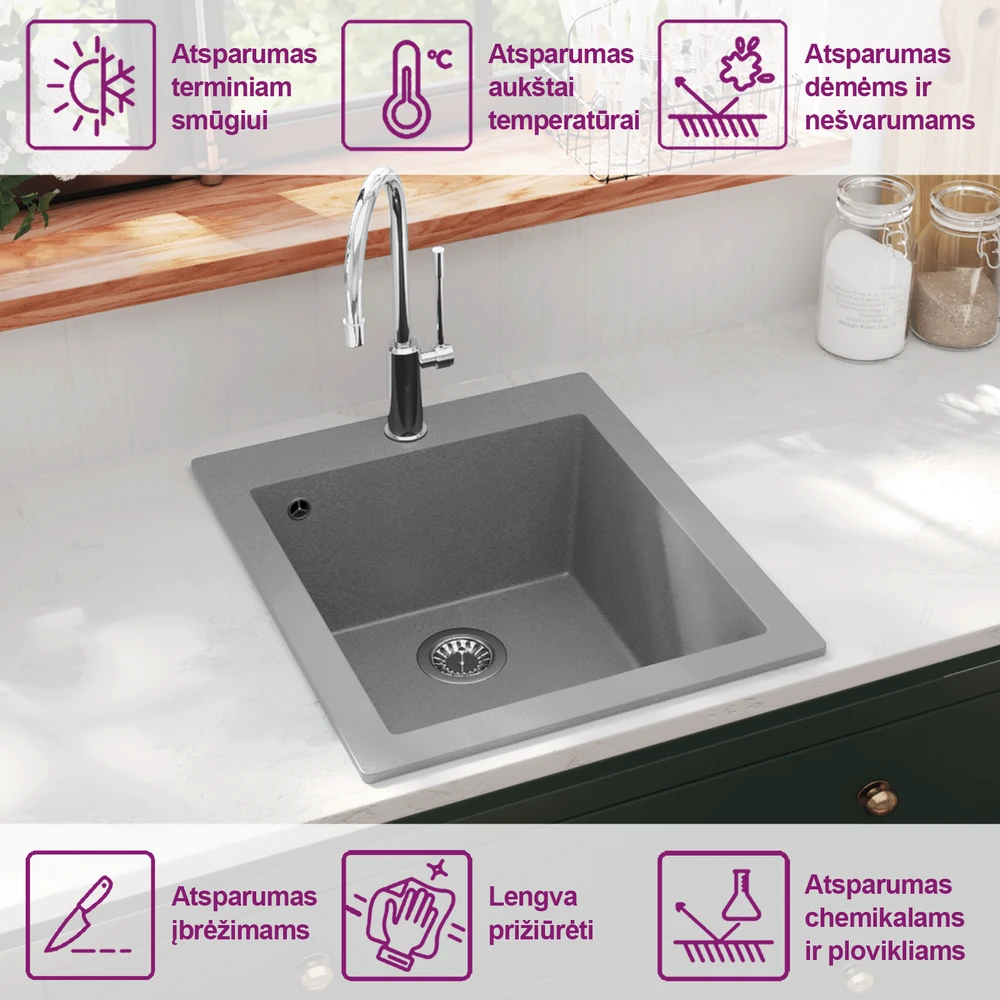 Įleidžiama virtuvės plautuvė, vieno dubens, granitas, pilka