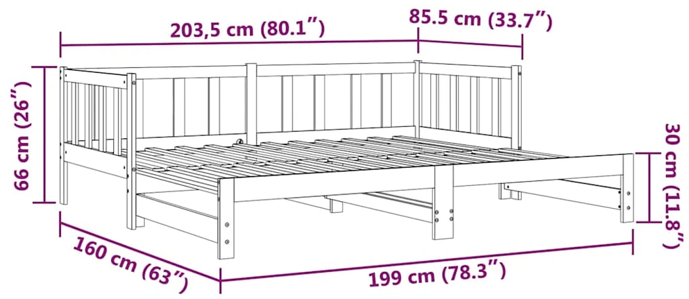 Ištraukiama lova, 2x(80x200)cm, pušies medienos masyvas