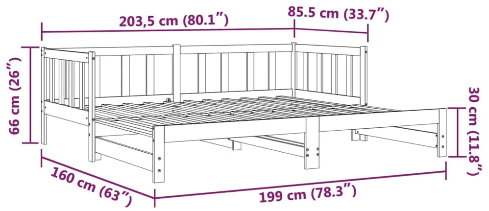Ištraukiama lova, 2x(80x200)cm, pušies medienos masyvas