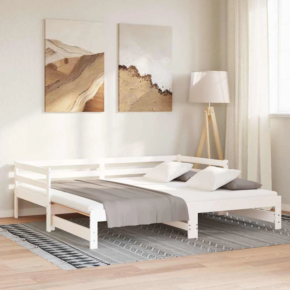 Ištraukiama lova, balta, 2x(90x200)cm, pušies medienos masyvas