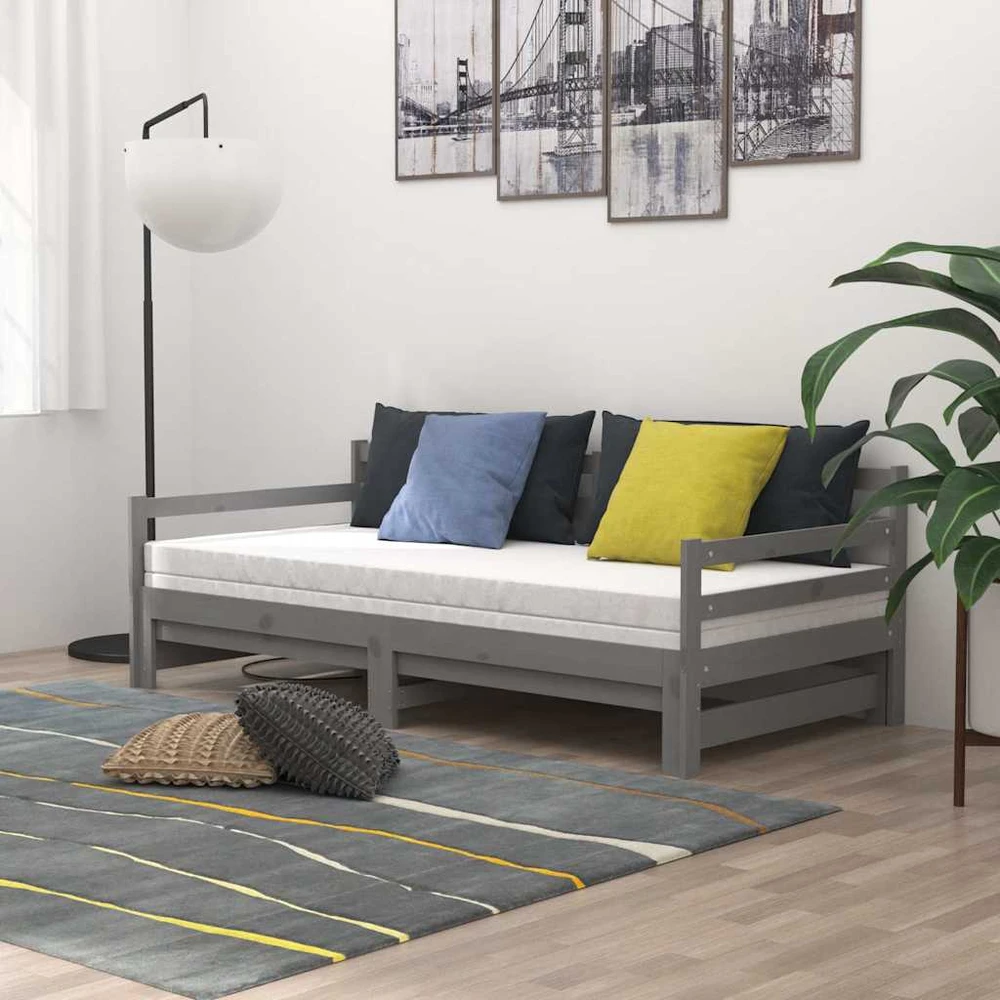Ištraukiama lova, pilka, 2x(90x200)cm, pušies medienos masyvas