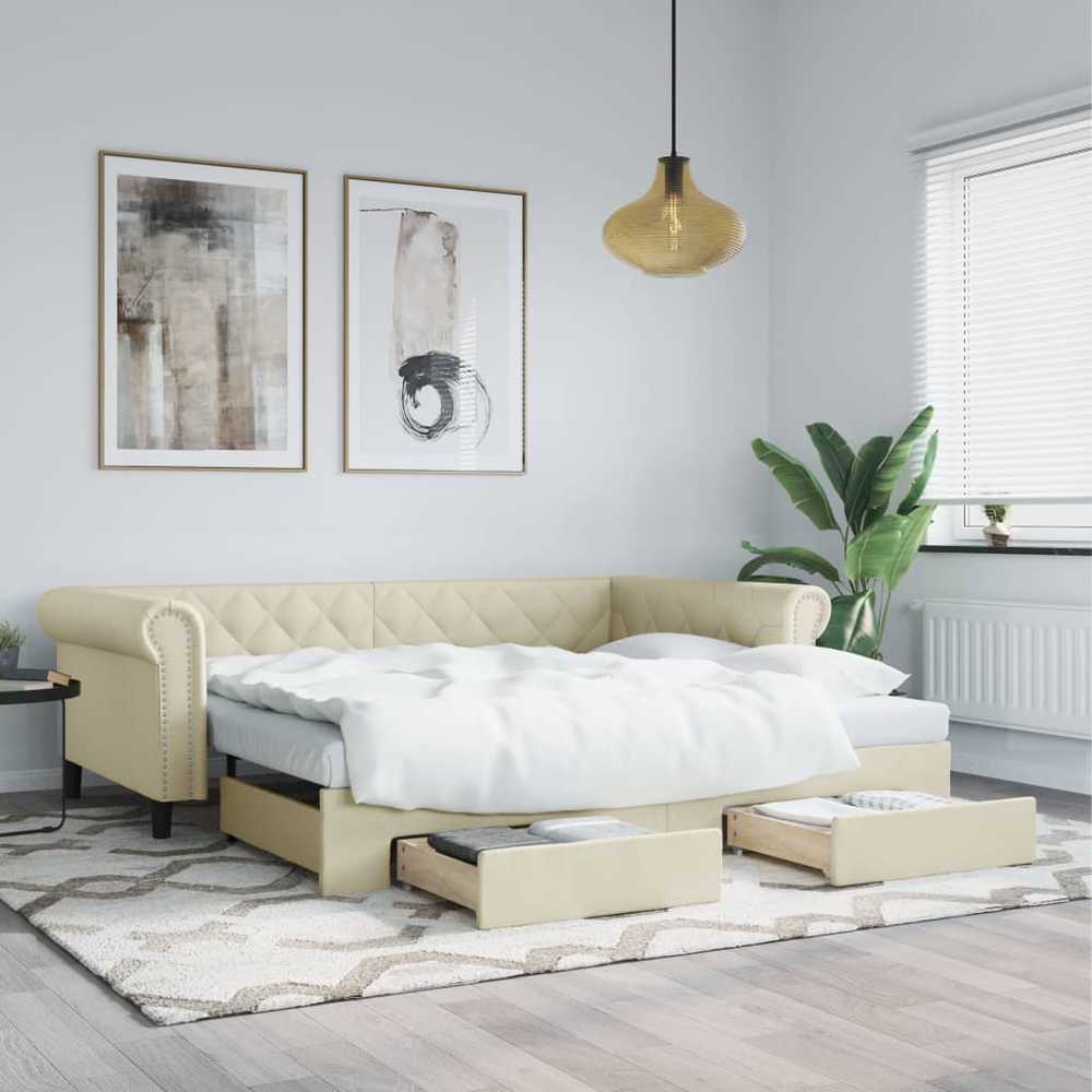 Ištraukiama lova su stalčiais, kreminė, 90x200cm, dirbtinė oda