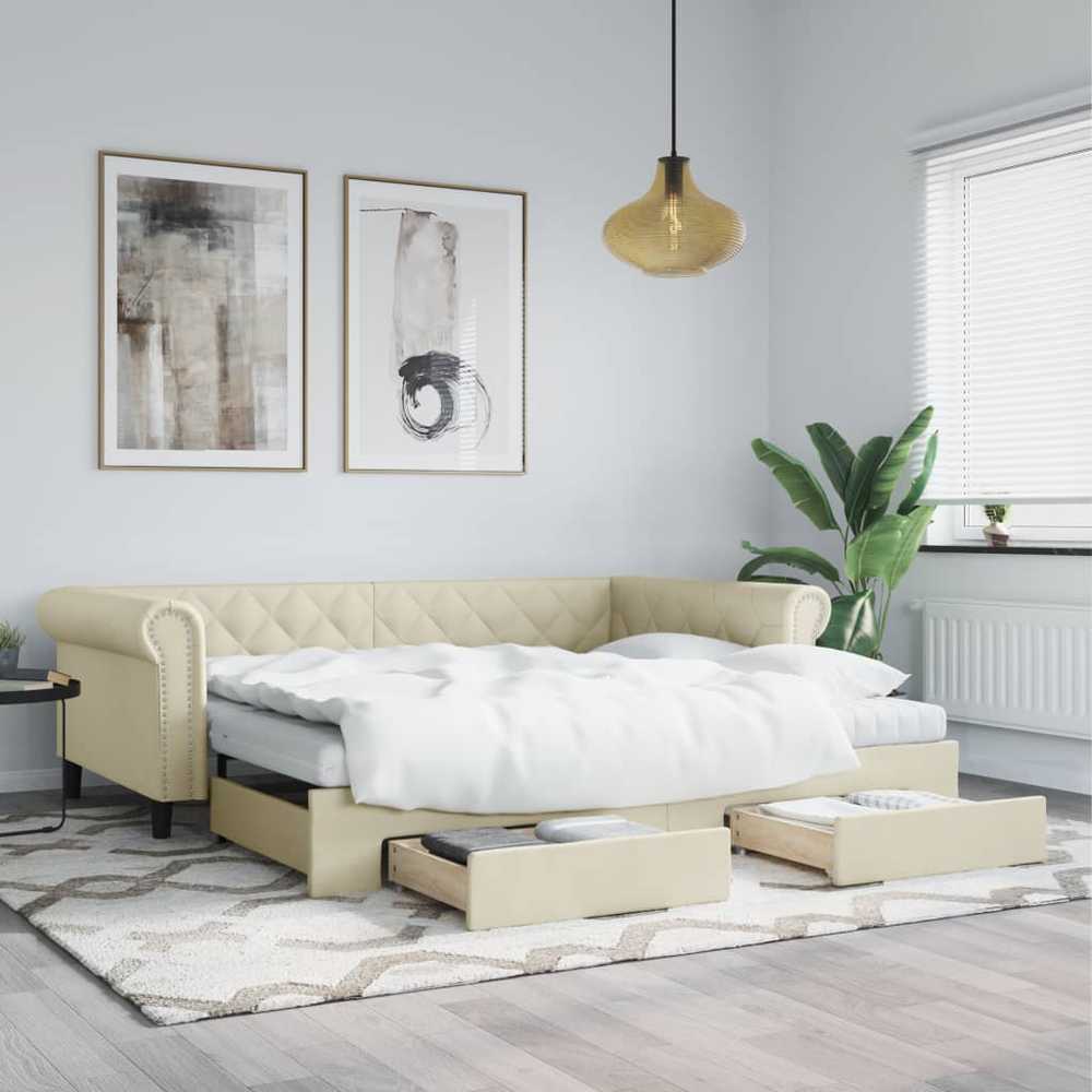 Ištraukiama lova su stalčiais, kreminė, 90x200cm, dirbtinė oda