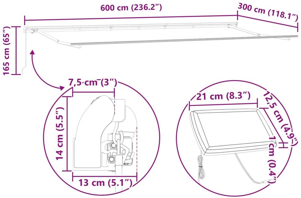 Ištraukiama markizė Balta 600 × 300 cm Audinys ir aliuminis