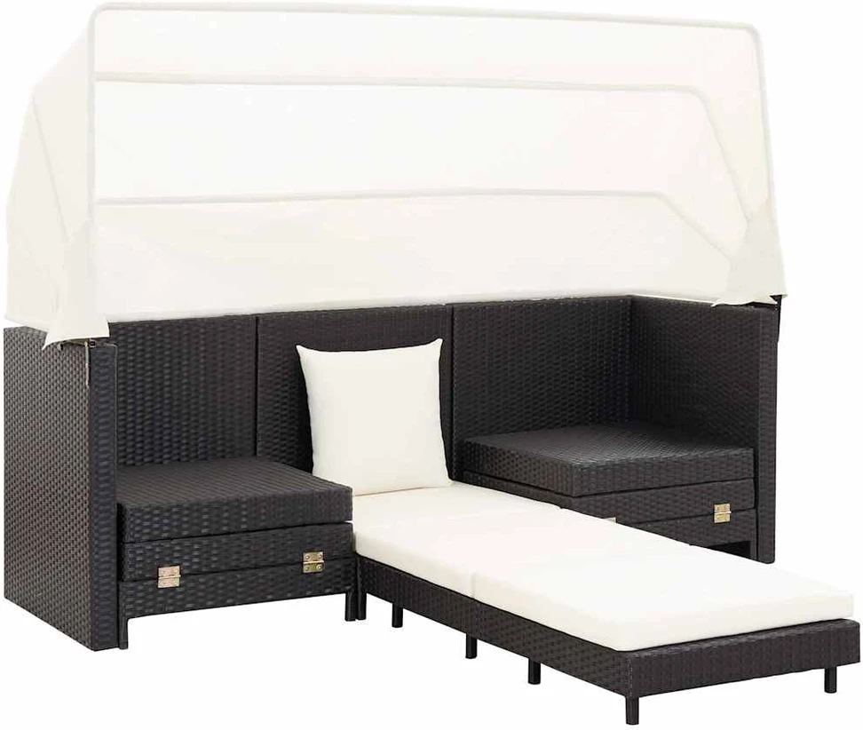 Ištraukiama trivietė sofa-lova su stogeliu, juoda, poliratanas