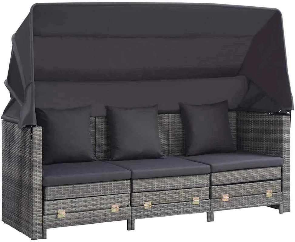 Ištraukiama trivietė sofa-lova su stogeliu, pilka, poliratanas