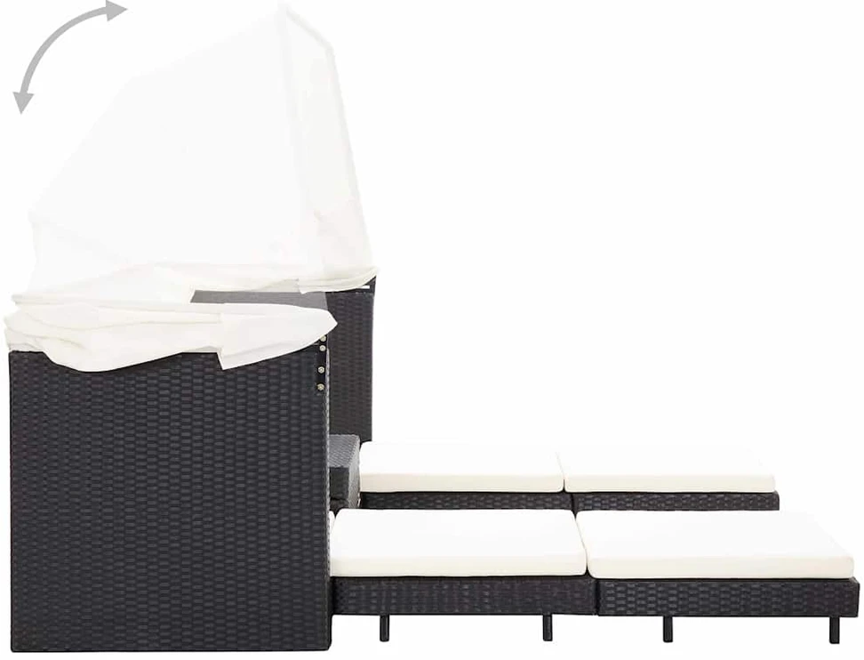 Ištraukiama trivietė sofa-lova su stogeliu, juoda, poliratanas
