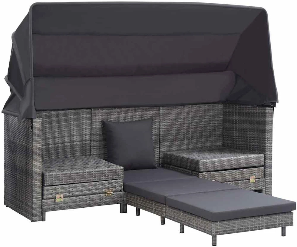 Ištraukiama trivietė sofa-lova su stogeliu, pilka, poliratanas