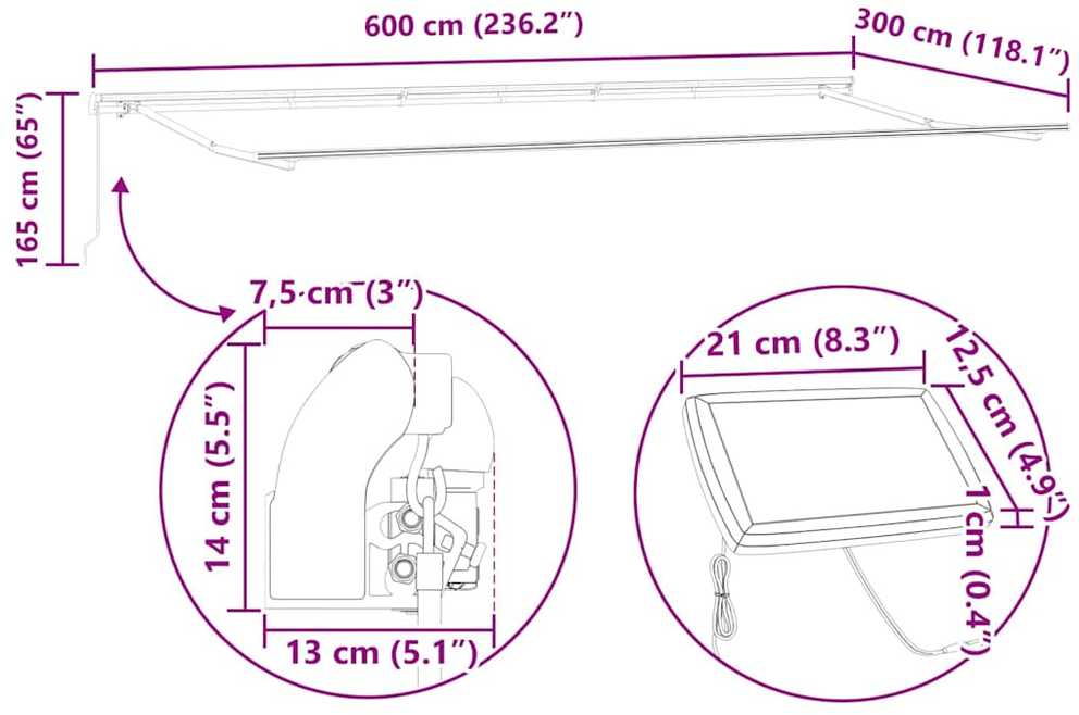 Ištraukiama markizė Balta 600 × 300 cm Audinys ir aliuminis
