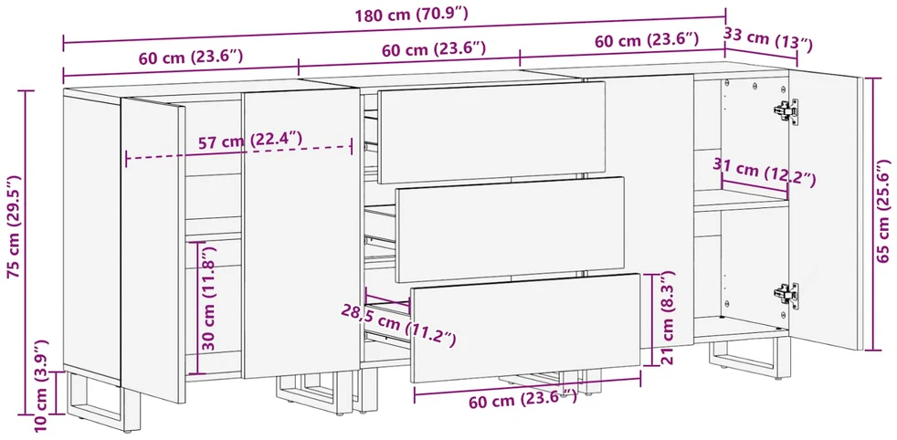 Kabalas 3 vnt. 60 x 33 x 75 cm Kietas mango medis Ruda
