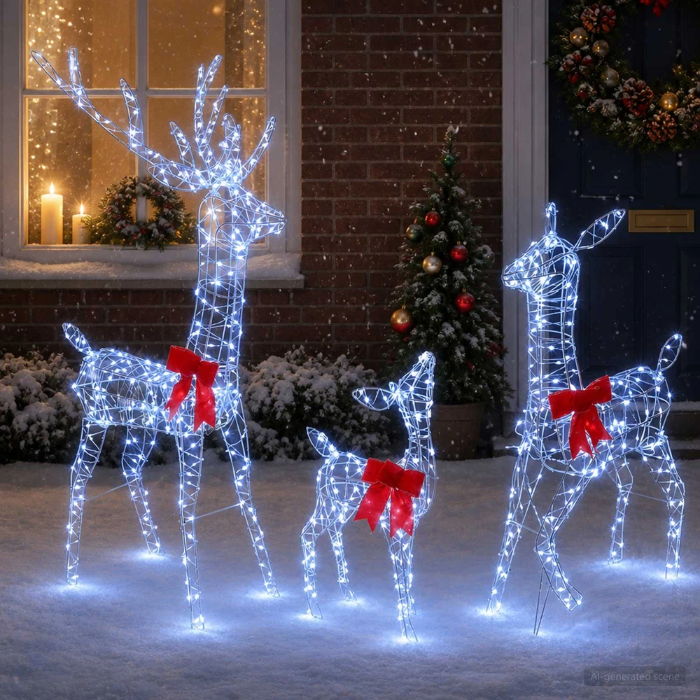 Kalėdinė LED elnių šeima 700 LED Šalta balta 70 x 26 x 128 cm