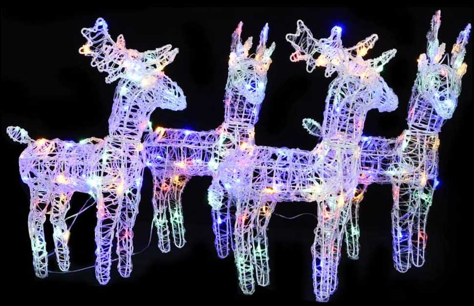 Kalėdiniai elniai, 4vnt., įvairių spalvų, akrilas, 160LED