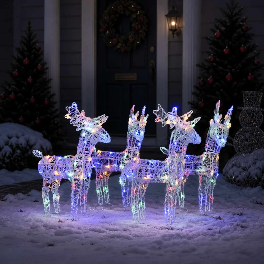 Kalėdiniai elniai, 4vnt., įvairių spalvų, akrilas, 160LED