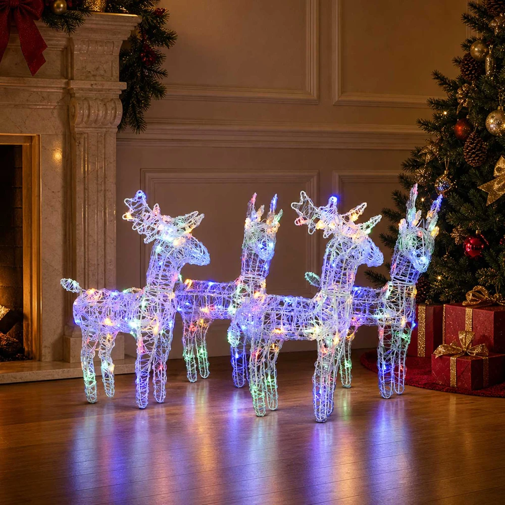 Kalėdiniai elniai, 4vnt., įvairių spalvų, akrilas, 160LED