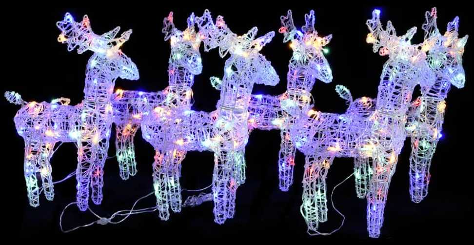 Kalėdiniai elniai, 6vnt., įvairių spalvų, akrilas, 240LED